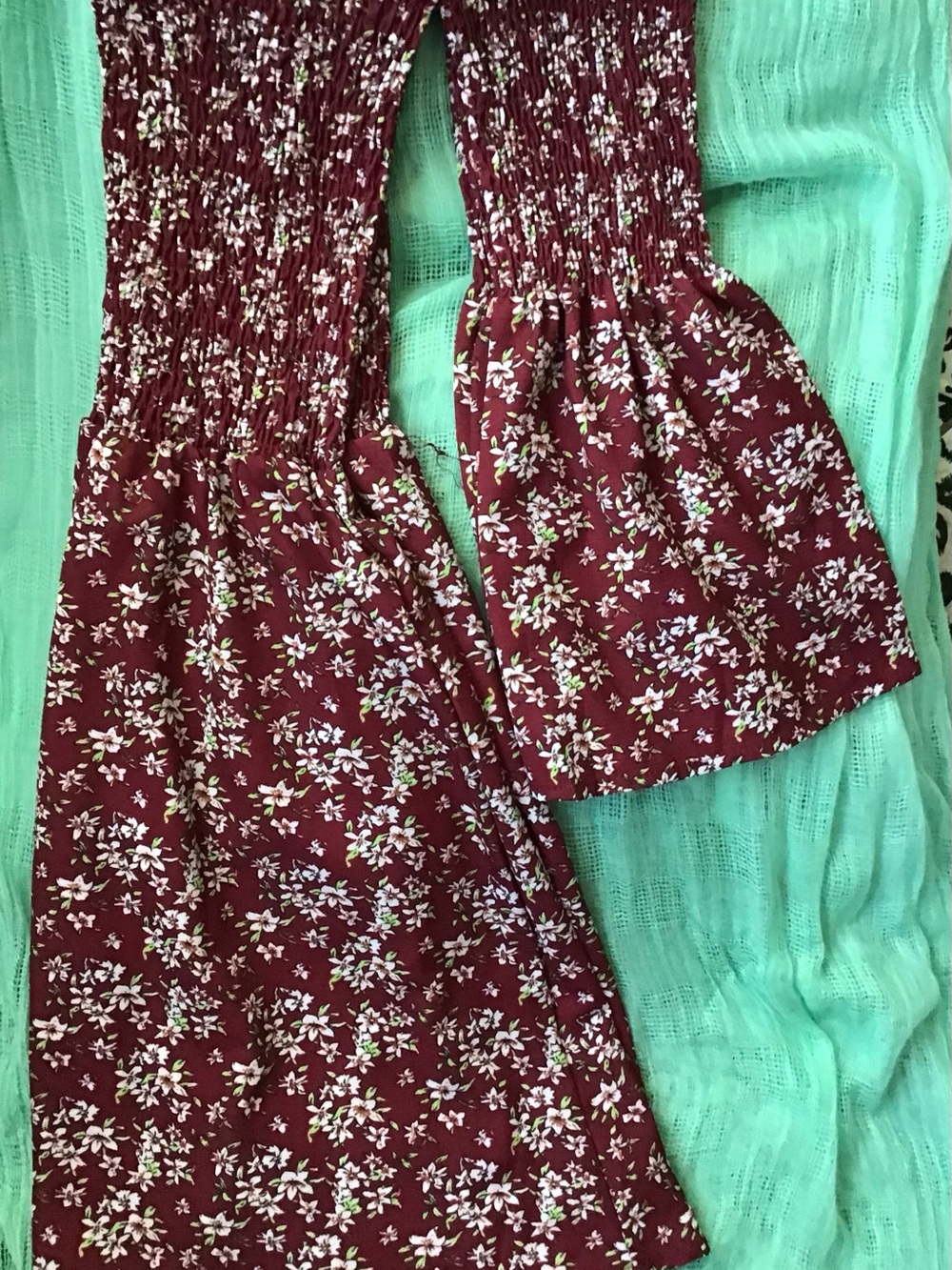 Burgundy Floral Smocked Bell Sleeve Dress